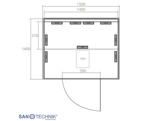 Technische Zeichnung einer Infrarotkabine mit den Maen 1500 mal 1400 Millimeter, Anordnung der Strahler und Trbreite. Sanotechnik Logo.