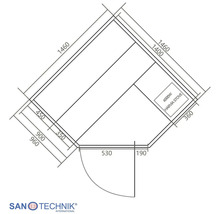 Technische Zeichnung einer Sanotechnik Ecksauna mit Maßangaben in Millimeter, Position des Saunaofens und Türanschlag.