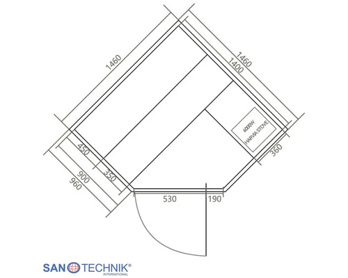 Technische Zeichnung einer Sanotechnik Ecksauna mit Maßangaben in Millimeter, Position des Saunaofens und Türanschlag.