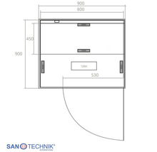 Technische Zeichnung einer Sanotechnik Duschkabine mit den Maßen 900 mal 900 Millimeter und Leistungsangaben in Watt. Sanotechnik Logo.