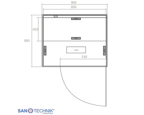 Technische Zeichnung einer Sanotechnik Duschkabine mit den Maßen 900 mal 900 Millimeter und Leistungsangaben in Watt. Sanotechnik Logo.