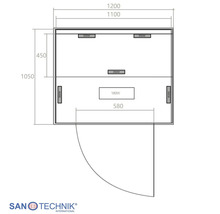 Technische Zeichnung einer Sanotechnik Infrarotkabine mit Abmessungen in Millimeter und Heizern mit 350 Watt und 180 Watt.