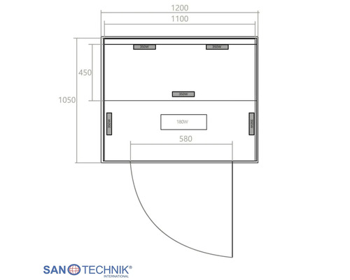 Technische Zeichnung einer Sanotechnik Infrarotkabine mit Abmessungen in Millimeter und Heizern mit 350 Watt und 180 Watt.
