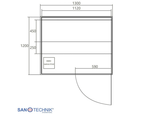 Technischer Grundriss einer Sauna mit Maßangaben 1300 mal 1200 Millimeter, Inneneinteilung, Harvia Ofen und Sanotechnik International Logo.