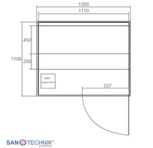 Grundriss einer Sauna von Sanotechnik mit Maßen in Millimeter, einem Harvia Ofen mit 3500 Watt und Sanotechnik Logo.