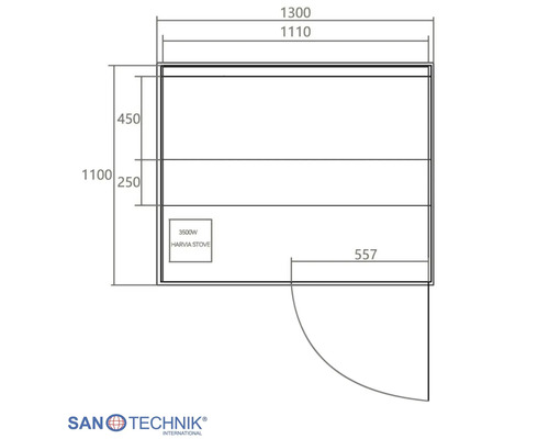 Grundriss einer Sauna von Sanotechnik mit Maßen in Millimeter, einem Harvia Ofen mit 3500 Watt und Sanotechnik Logo.