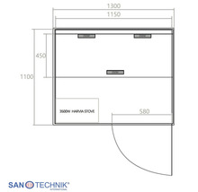 Technische Zeichnung Sauna, Maße in Millimeter. Breite 1300, Tiefe 1100. 3500 Watt Harvia Ofen, drei 350 Watt Strahler. Sanotechnik International Logo.