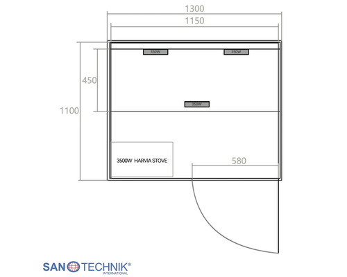 Technische Zeichnung Sauna, Maße in Millimeter. Breite 1300, Tiefe 1100. 3500 Watt Harvia Ofen, drei 350 Watt Strahler. Sanotechnik International Logo.