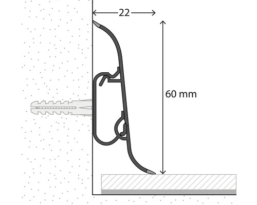 Querschnitt einer Sockelleiste mit Clip-Befestigung an einer Wand, Höhe 60 Millimeter, Breite 22 Millimeter.