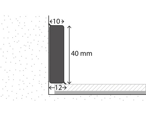 Maßzeichnung Sockelleiste: Höhe 40 Millimeter, obere Breite 10 Millimeter, untere Breite 12 Millimeter.