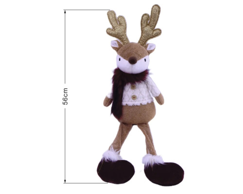 Weihnachtsfigur Rentier mit langen Beinen, Glitzergeweih, Strickpullover und Schal, Höhe 56 Zentimeter.