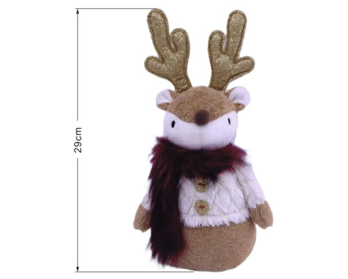 Weihnachts-Plüschrentier mit glitzerndem Geweih, weißem Pullover und weinrotem Schal, Höhe 29 Zentimeter.