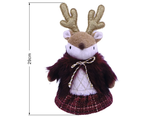 Weihnachtsfigur Rentier mit Glitzergeweih, Kunstpelz-Umhang und gemustertem Rock, Höhe 29 Zentimeter.