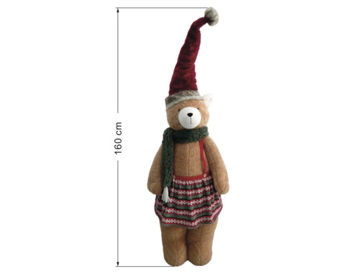Brauner Plüschbär mit roter Weihnachtsmütze, grünem Schal und gemustertem Rock, Höhe 160 Zentimeter.