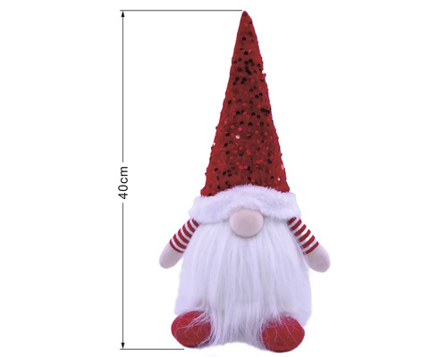 Weihnachtswichtel mit Paillettenmütze, weißem Bart und gestreiften Ärmeln, Höhe 40 Zentimeter.