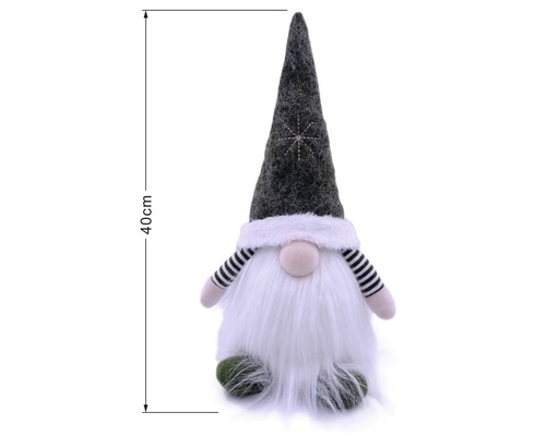 Weihnachts-Wichtel mit grauem Filzhut, weißem Bart und gestreiften Armen, Höhe 40 Zentimeter.