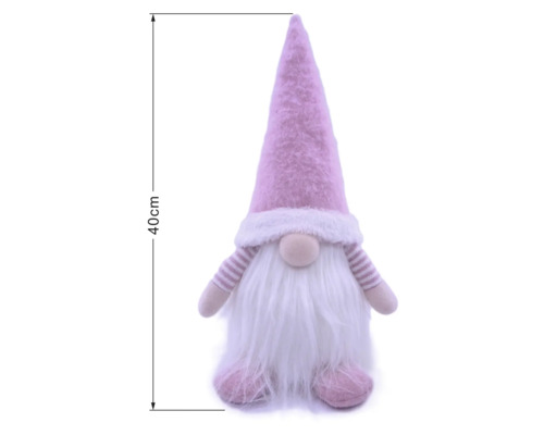 Dekorativer rosa Wichtel mit weißem Bart und spitzer Mütze, Höhe 40 Zentimeter.
