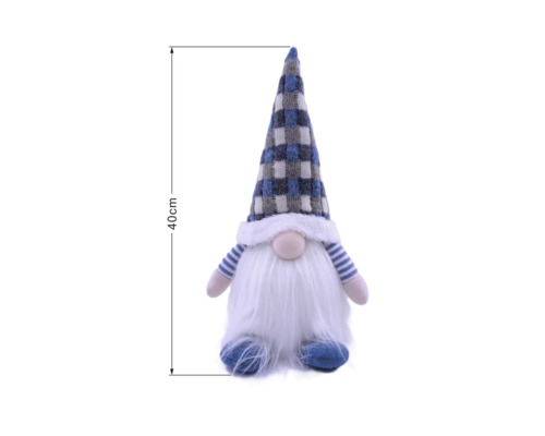 Blau-grauer Weihnachts-Wichtel aus Stoff mit karierter Mütze, weißem Bart und blau-weiß gestreiften Armen, Höhe 40 Zentimeter.