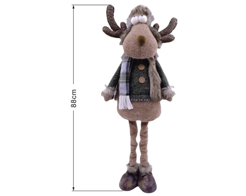 Weihnachts-Elch-Dekofigur mit Mütze, Schal und Jacke, Höhe 88 Zentimeter.