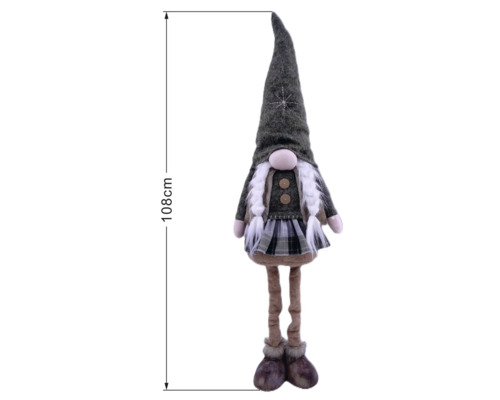 Dekorative Weihnachts-Wichtelfigur mit Zöpfen, Rock und spitzem Hut, Höhe 108 Zentimeter.