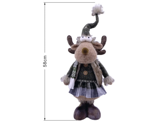 Weihnachtsdekoration Rentier stehend aus Plüsch mit Karorock und Mütze, Höhe 58 Zentimeter.