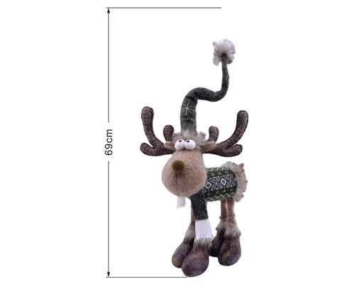 Weihnachtsdekoration Rentier-Figur mit Strickpullover, Schal und hoher Mütze, Höhe 69 Zentimeter.