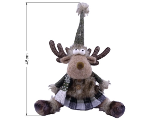 Dekorative Rentierfigur aus Plüsch und Kunstfell, mit spitzem Hut, Schal und kariertem Rock, Höhe 45 Zentimeter.
