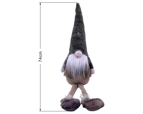Deko-Wichtel sitzend mit langer spitzer Mütze und weißem Bart, Höhe 74 Zentimeter.