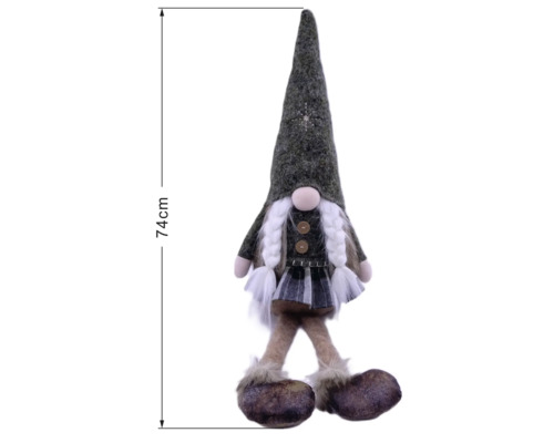 Weihnachtswichtel Mädchen mit Zöpfen, Rock und spitzem Hut, Höhe 74 Zentimeter.