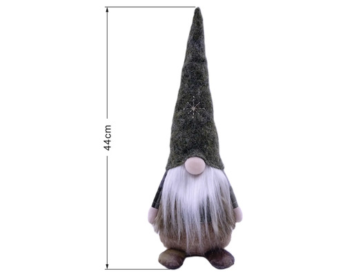 Weihnachtswichtel mit spitzer Mütze und weißem Bart, Höhe 44 Zentimeter.