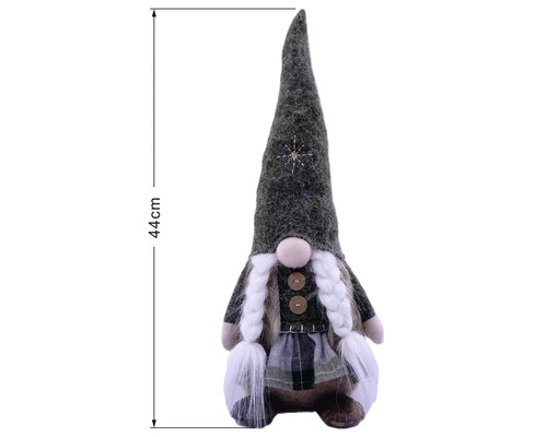 Weihnachtswichtel aus Stoff mit grauem spitzen Hut, weißen Zöpfen und kariertem Rock, Höhe 44 Zentimeter.