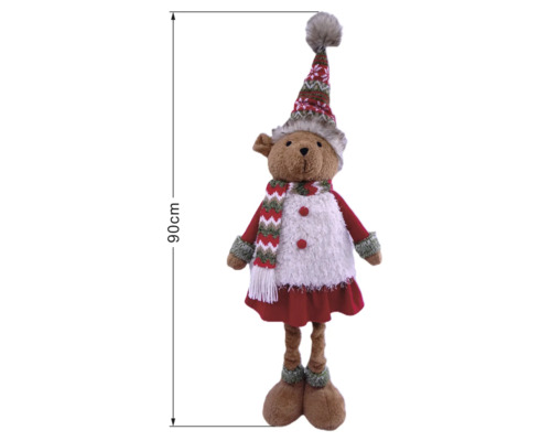 Weihnachtliche Dekorationsfigur, stehender Bär aus Plüsch mit Kleid, Schal und Mütze, 90 Zentimeter hoch.