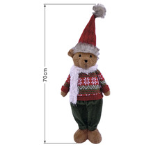Weihnachtsbär Plüschtier mit Strickpullover, Schal und Mütze, 70 Zentimeter hoch.