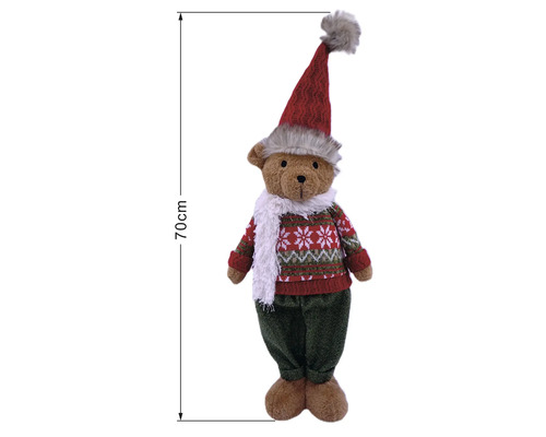 Weihnachtsbär Plüschtier mit Strickpullover, Schal und Mütze, 70 Zentimeter hoch.
