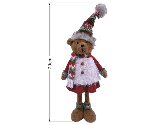 Stehende Teddybär-Weihnachtsfigur mit Zipfelmütze, Schal und Kleid, Höhe 70 Zentimeter.