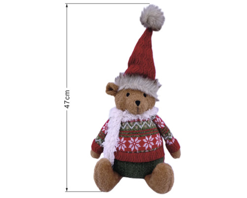 Weihnachtlicher Plüschbär mit Strickmütze, Schal und Pullover, Höhe 47 Zentimeter.