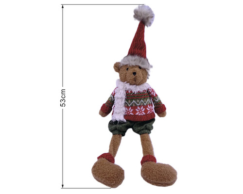 Weihnachtsfigur Teddybär mit Mütze, Schal, Pullover, Hose und Stiefeln, Höhe 53 Zentimeter.