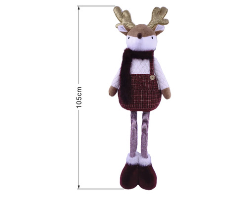 Weihnachts-Rentierfigur, 105 Zentimeter hoch, mit Glitzergeweih, Schal, gemustertem Kleid, gestreiften Beinen und Plüschstiefeln.