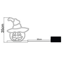 Halloween LED Neon Silhouette Kürbis mit Hexenhut, Höhe 35 Zentimeter, Kabellänge 30 Zentimeter mit Batteriefach.