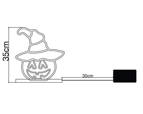 Halloween LED Neon Silhouette Kürbis mit Hexenhut, Höhe 35 Zentimeter, Kabellänge 30 Zentimeter mit Batteriefach.