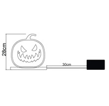 Maßskizze Halloween-Kürbis Dekoration mit einer Höhe von 28 Zentimeter und einer Kabellänge von 30 Zentimeter.