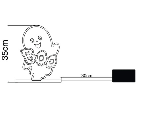Halloween-Dekoration Geist mit Schriftzug Boo, Höhe 35 Zentimeter, Zuleitung 30 Zentimeter.