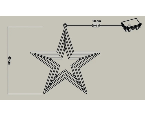 LED-Deko-Stern mit Batteriefach und Timer. Höhe 45 Zentimeter, Zuleitung 50 Zentimeter. Fünf-zackiges Design.