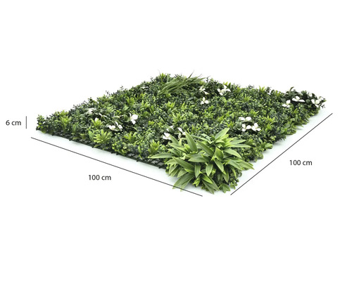 Künstliche Pflanzenwand 100 mal 100 mal 6 Zentimeter mit verschiedenen Blättern und weißen Blüten auf schwarzem Kunststoffgitter.