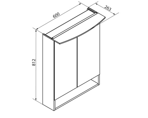 Maßzeichnung Badezimmerschrank mit zwei Türen, Fach, Breite 600 Millimeter, Höhe 812 Millimeter, Tiefe 263 Millimeter.