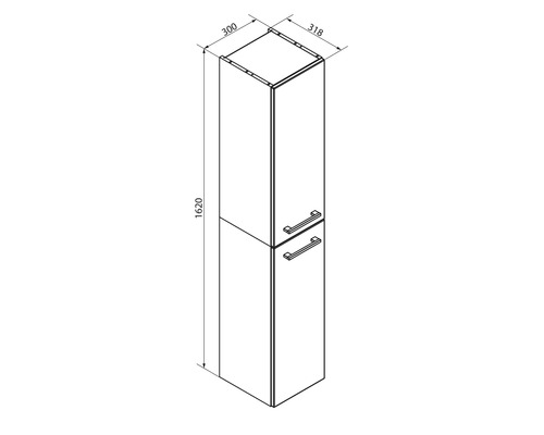 Maßzeichnung Badezimmer-Hochschrank mit zwei Türen, Höhe 1620 Millimeter, Breite 318 Millimeter, Tiefe 300 Millimeter.
