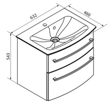 Technische Zeichnung eines Waschplatzes mit Unterschrank und zwei Schubladen, Breite 632 Millimeter, Tiefe 460 Millimeter, Höhe 543 Millimeter.