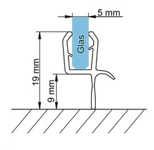 Technische Zeichnung Glasdichtung: Glasdicke 5 Millimeter, Gesamthöhe 19 Millimeter, Höhe unterer Teil 9 Millimeter.