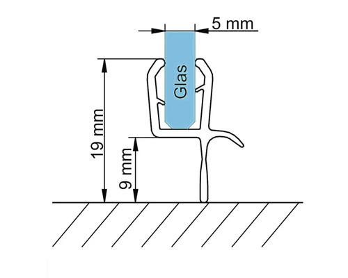 Technische Zeichnung Glasdichtung: Glasdicke 5 Millimeter, Gesamthöhe 19 Millimeter, Höhe unterer Teil 9 Millimeter.