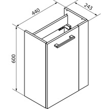 Maßzeichnung Waschbeckenunterschrank: Breite 440 Millimeter, Höhe 600 Millimeter, Tiefe 243 Millimeter.